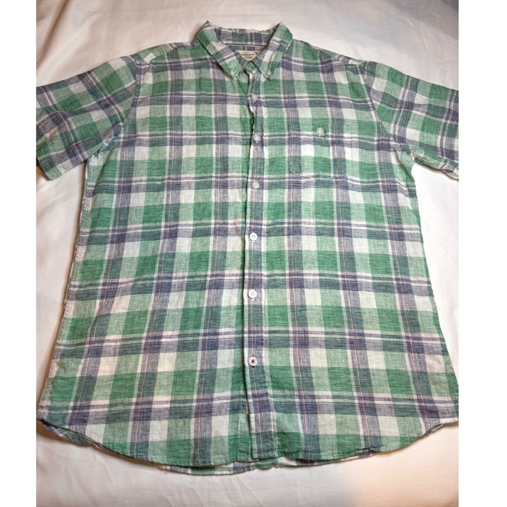 Weatherproof Vintage Mens Large Green Plaid Linen Cotton Short Sleeve Shirt